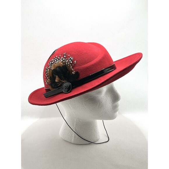 LANCASTER 100% Wool RED Hat With Feathers Black Patent Trim Made in USA - Picture 1 of 7